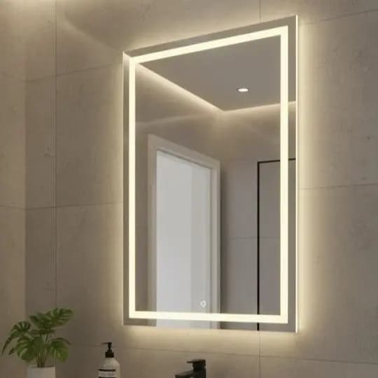 Espelho Grande com Led 3 Cores e Touch 70x50 Retangular Jateado Lapidado Para Banheiro Premium