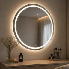 Espelho Redondo 40x40cm Jateado com Led 3 Cores e Botão Touch Lapidado Decoração Quarto Banheiro