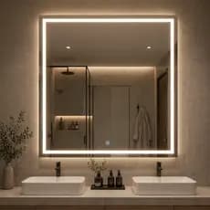 Espelho Quadrado com LED mais Forte 50x50 Botão Touch 3 Cores Jateado Lapidado Banheiro Premium