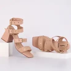 Sandália Feminina Salto Alto Bloco Tiras Esfera Blogueira Fivela Brilho Luxo Moda Promoção