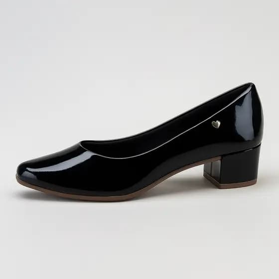 Sapato Scarpin Feminino Salto Bloco Baixo Verniz Brilhante Confortável Bico Fino Lançamento