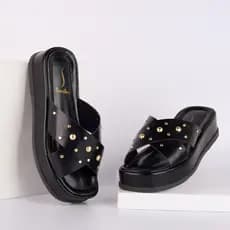 Tamanco Plataforma Feminino Cravos Dourados e Tiras Cruzadas Leve Conforto Tendência Moda
