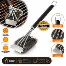 Escova Limpa Churrasqueira Grill 3 em 1 Aço Inox Cabo Longo Resistente