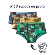 KIt 3 Sungas Cavadas Masculinas Estampadas Sortidas Tecido Premium Moda Praia