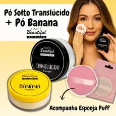 Kit Pó Solto Translúcido e Pó Banana com Esponja Puff Maquiagem Face Beautiful