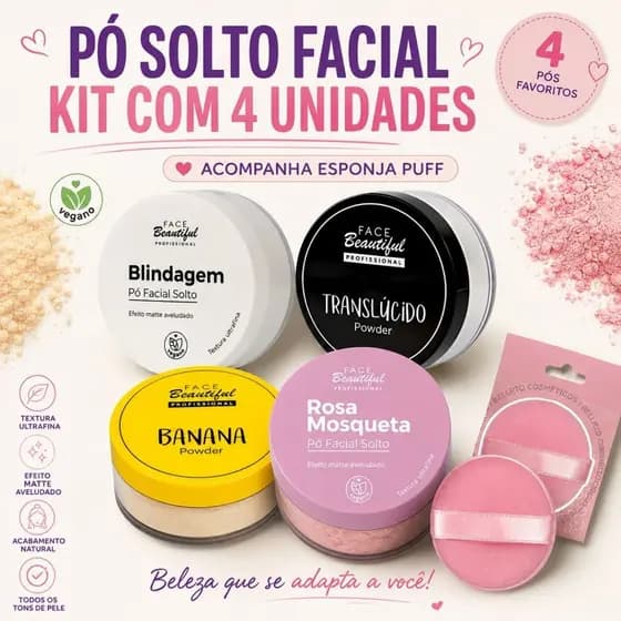 Kit Pó Solto Facial Translúcido Banana Blindagem Rosa Mosqueta Face Beautiful 4 Itens
