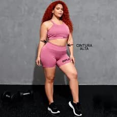 Conjunto Plus Size Academia Top e Short Feminino Cintura Alta Eleva Bumbum