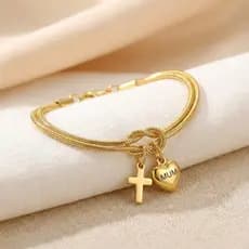 [Pronta Entrega] Pulseira de Aço Inoxidável Anti-Manchas com Coração MUM, Cruz e Nó de Amor JFJA