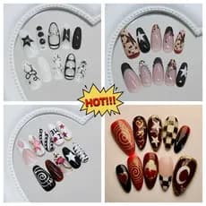 30 peças de unhas postiças pretas com bolinhas, laço metálico e estrelas, estilo Y2K, doces e estilosas, unhas removívei