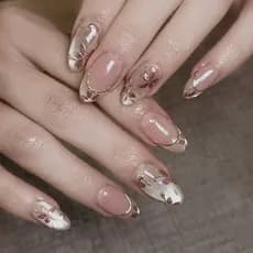 30 peças de unhas postiças removíveis em formato de amêndoa curta com glitter e efeito olho de gato, com estampa de folh