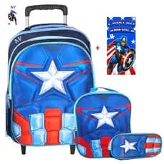 Kit Mochila Rodinha  Infantil Capitão América  3D  + Lancheira + Estojo+🎁