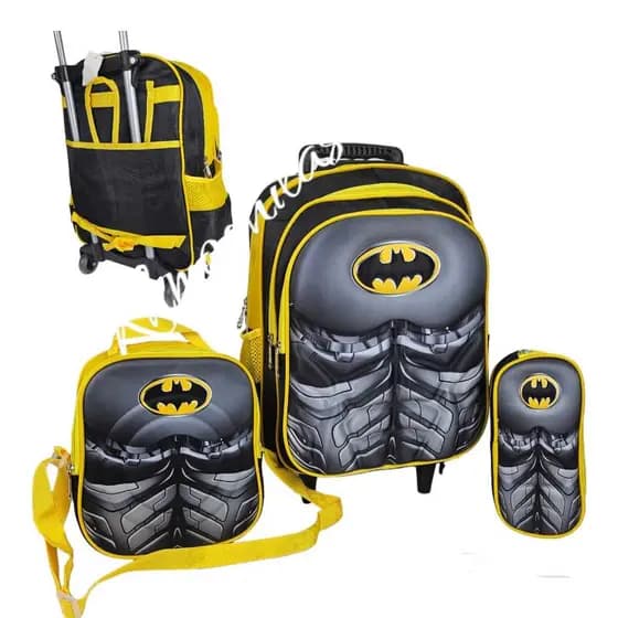 Kit Mochila Rodinha  Infantil Batman  3D  + Lancheira + Estojo+ CHAVEIRO