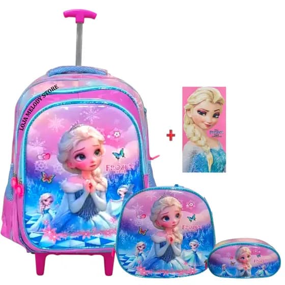 ❄️🎒 KIT  MOCHILA CON RODINHA ESCOLAR  FROZEN 3D + TOALHA 💙✨