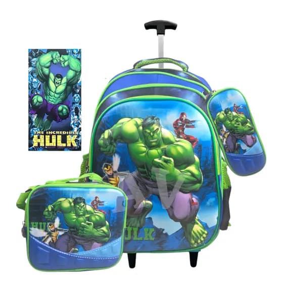 🎒 Kit Mochila com Rodinha Infantil, Juvenil Hulk 3D + Lancheira + Estojo+ Toalha