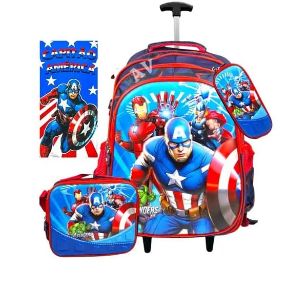 🛡️🎒 Kit  Mochila com Rodinha Infantil Capitão América 3D: Mochila + Lancheira + Estojo + tolha
