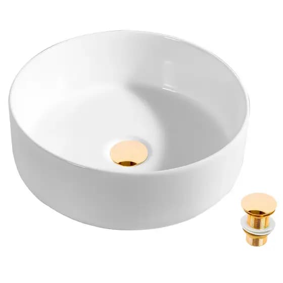Cuba Banheiro Apoio Redonda Louça Porcelana Válvula Click Dourado