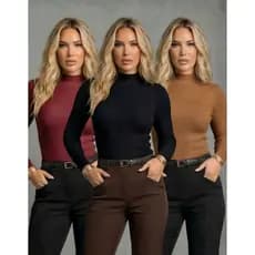 Kit 3 Blusa Feminina Manga Longa de Compressão - Blusinha Manga Comprida Ajuste Perfeito