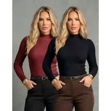 KIT 2 Blusa Feminina de Manga Longa Ribana Meia Estação de Compressão Colada Tendência Casual Gringa