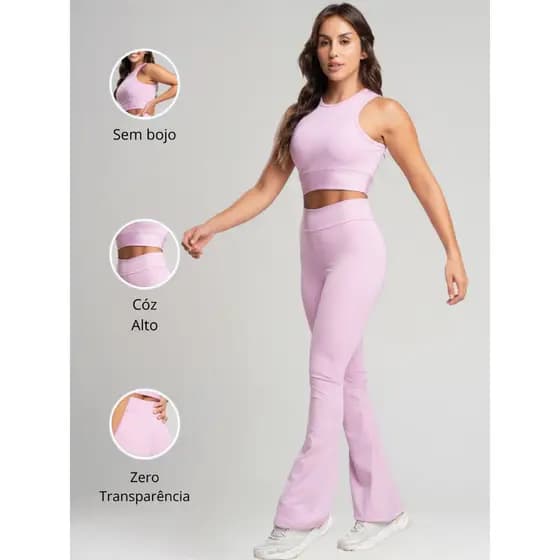 Conjunto Fitness Bailarina Academia Top Regata Legging Flare Suplex Zero Transparência Feminina