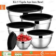 Kit 5 Tigela Aço Inox Bowl Funda Multiuso Redonda Saladeira Confeitaria Bowls Vasilha Com Tampa