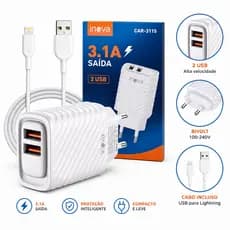 Fonte Carregador USB Dupla com Cabo iPhone Tipo C V8 Para Celular