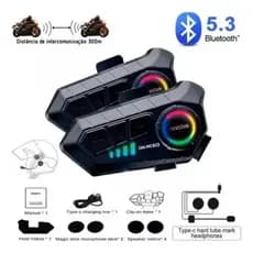 2pcs Intercomunicador Capacete Moto Bluetooth 5.3 300M 2000mAh Mic 2 em 1 Universal p/ Capacete