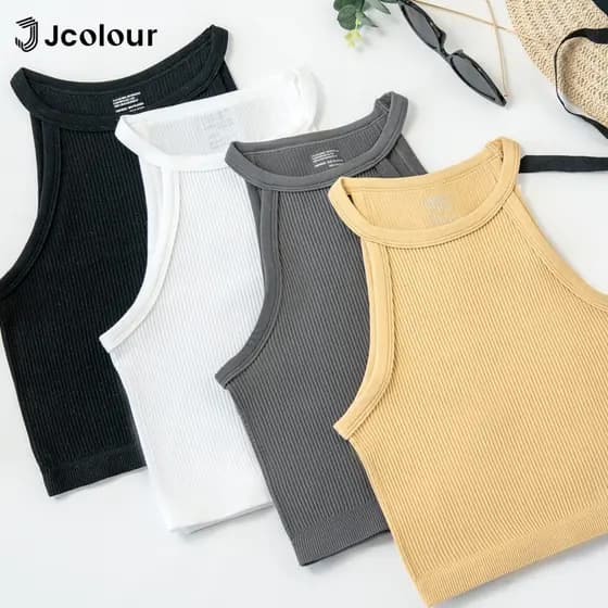 Jcolour Kit 3 Blusinha Feminina Básica Canelada Tendência de Verão para Yoga Pilates Fitness Corrida