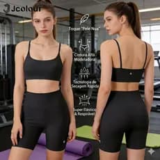 Jcolour Conjunto Fitness Suplex Feminino Top e Short Roupa Treino Academia Yoga Atividade Física