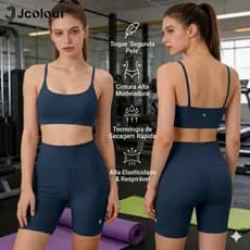 Jcolour Conjunto Academia Corrida Treino Fitness Suplex Zero Transparência shorts e Top de Alça