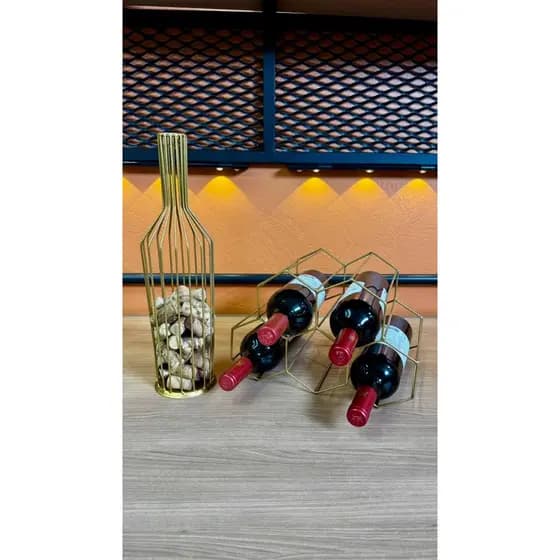 Kit Adega de Mesa Aramada + Porta Rolha Decorativo para Vinho