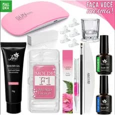 Kit Polygel(11 ITENS) Alongamento De Unha + Molde F1 + Lixa + Top Coat + Primer + Cabine Sun Mini  Poligel Alongamento