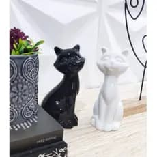 Enfeite Gato de porcelana Decoração de mesa 13,5cm PRETO E BRANCO