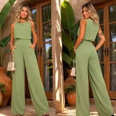 Conjunto de Calça Pantalona Zíper + Blusa sem Manga Elegante Feminino Tecido Alfaiataria Tecelino