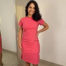 Vestido Canelado Toque de Algodão Midi  de Manga Curta com Fendas nas Laterais  Não  Fica Transparente