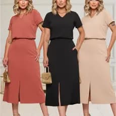 Conjunto Feminino Crepe Líbano/Alfaiataria Blusa e Saia Midi com fenda Frontal Com Forro Moda Evangélica