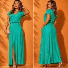 Conjunto Midi Saia Longa Fenda e Blusa Manga Curta Moda evangélica Malha Lunelli Plus size GG