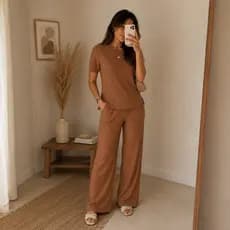 Conjunto Feminino Canelado Calça e Blusa  Malha Com Elastano  Premium