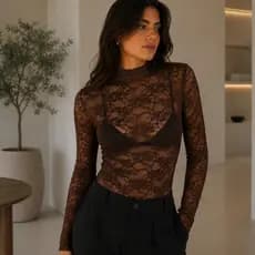 Blusa Feminina De Renda Transparente De Gola Alta Manga Longa  Toque Macio Tendencia