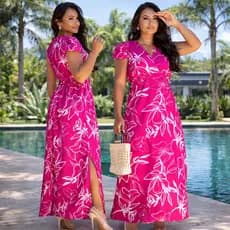Vestido Longo Com Manga Estampado Tecido Crepe Santorini Moda Evangêlica