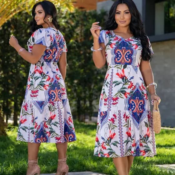 Vestido Feminino Casual Manga Curta Estampado Mídi Moda Evangélica