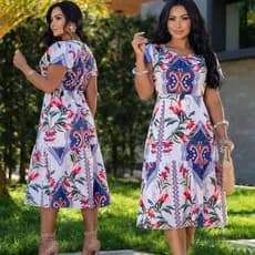 Vestido Feminino Casual Manga Curta Estampado Mídi Moda Evangélica
