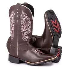 Bota Texana Feminina Country Bico Quadrado Solado De Borracha Bordado Flor