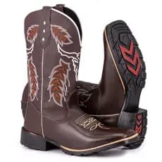 Bota Texana Masculina Country Bico Quadrado Solado De Borracha Bordado Cara De Boi Café
