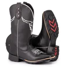 Bota Texana Masculina Country Bico Quadrado Solado De Borracha Bordado Touro Black