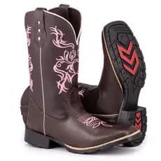 Bota Texana Feminina Country Bico Quadrado solado De Borracha Bordado Tribal Rosa