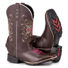 Bota Texana Feminina Country Bico Quadrado Solado De Borracha Bordado Cruz Normal Pink