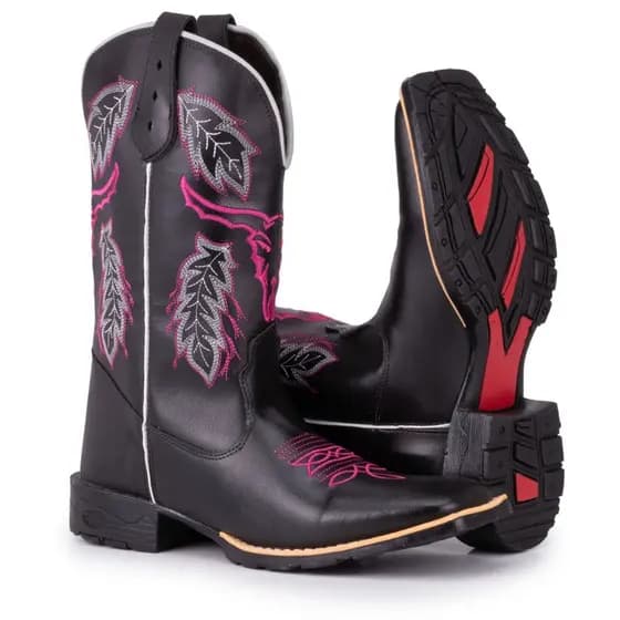 Bota Texana Feminina Country Bico Quadrado Solado De Borracha Bordado Cara De Boi Black e Pink