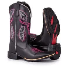 Bota Texana Feminina Country Bico Quadrado Solado De Borracha Bordado Cara De Boi Black e Pink