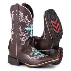 Bota Texana Feminina Country Bico Quadrado Solado Bordado Cruz Azul Espelhada
