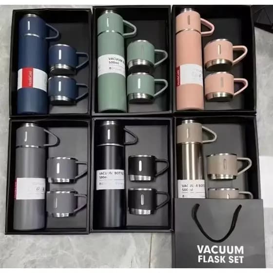 Kit Garrafa Térmica Vacuum Bottle Inox 500ml + 3 Xícaras Bebidas Fria ou Quente